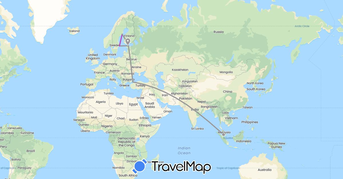 TravelMap itinerary: driving, bus, plane, train, boat in Estonia, Finland, Malaysia, Sweden, Turkey (Asia, Europe)