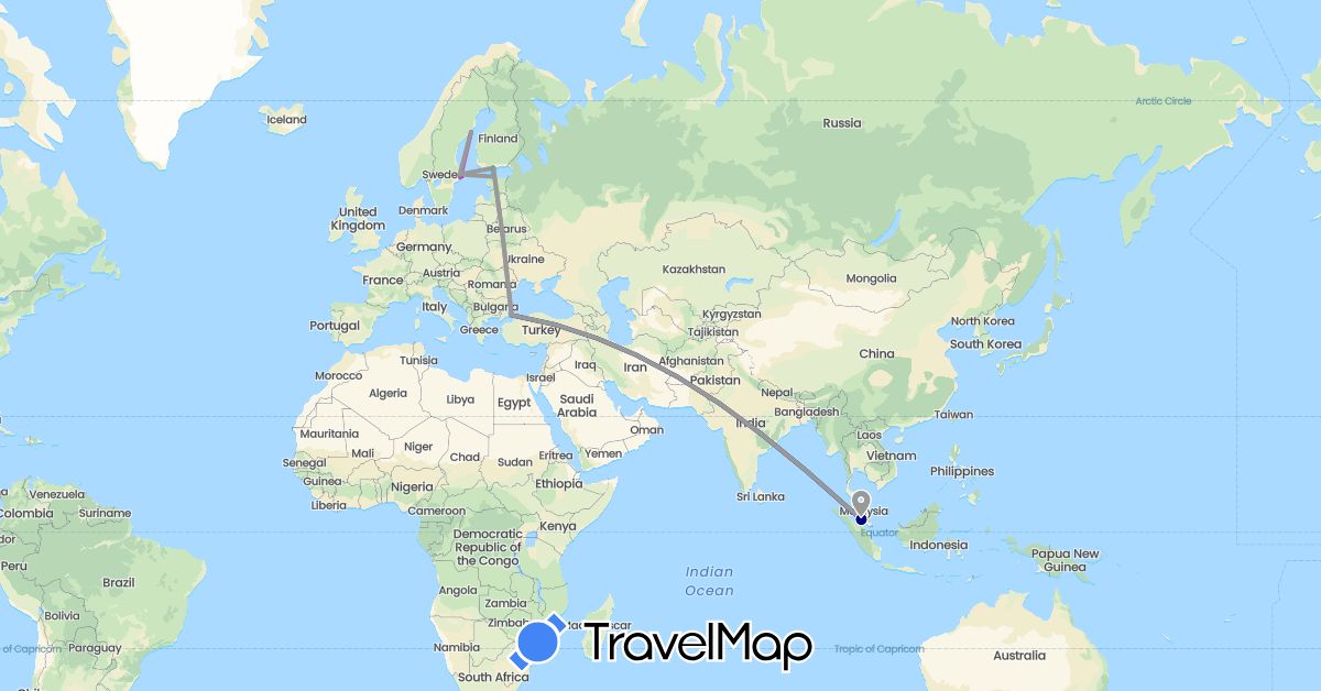 TravelMap itinerary: driving, bus, plane, train, boat, electric vehicle in Estonia, Finland, Malaysia, Sweden, Turkey (Asia, Europe)